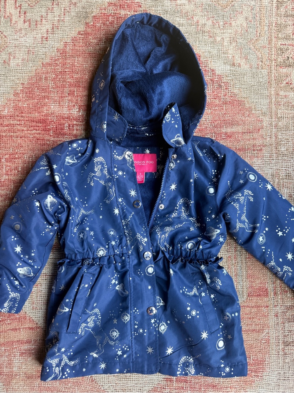 London Fog Navy Girls Hooded Puffer Jacket with Starry Print
